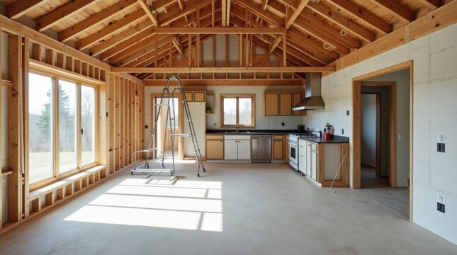 Planta de concepto abierto con estructura de madera a la vista, paredes parcialmente acabadas, techo sin terminar y cocina en construcci&oacute;n