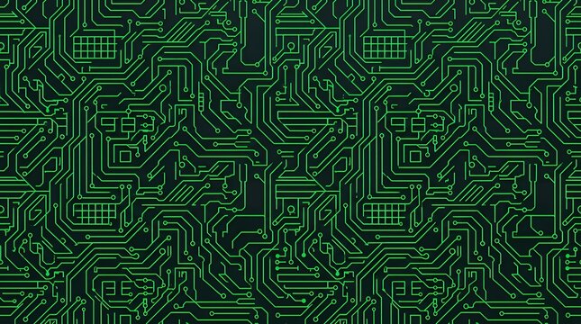Modern Abstract Geometric Circuit Board Seamless Line Pattern with Green Monoline Graphics on Dark Background pattern seamless circuit line monoline green black dark tech technology modern geometric