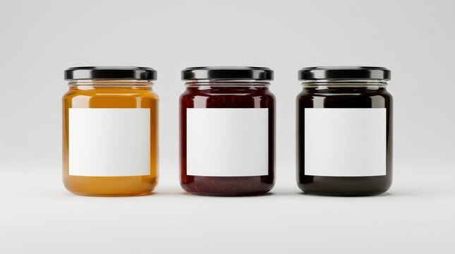 Three glass jars of jam with blank labels on a white background.