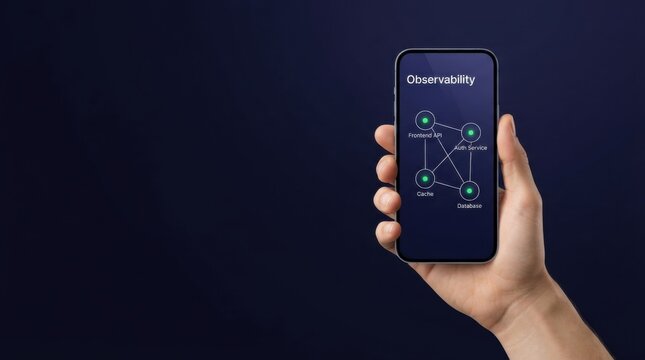 Hand Holding Phone With Observability Service Map Dashboard