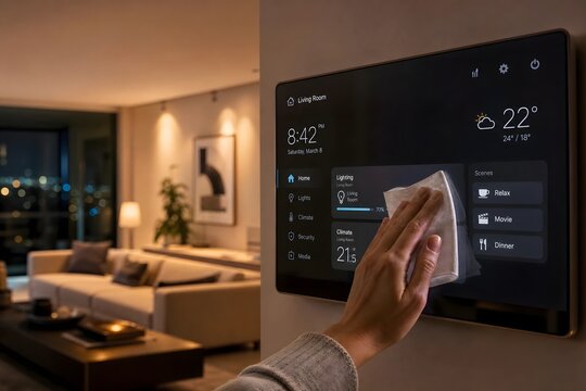 Person Cleaning Smart Home Control Screen in Modern Living Room