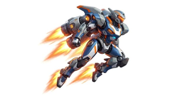 Robotic mecha flying with jet thrusters on neutral backdrop cinematic profile for gaming advertising