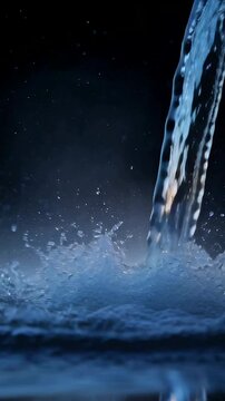 Vertical video: Falling stream hitting pool studio for study, crown and spray droplets, copy space
