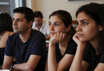 Obraz premium Engaged audience learning and development, diverse group of young adults listening attentively in a classroom or seminar setting