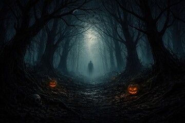 Fototapeta premium Eerie forest with glowing pumpkins.