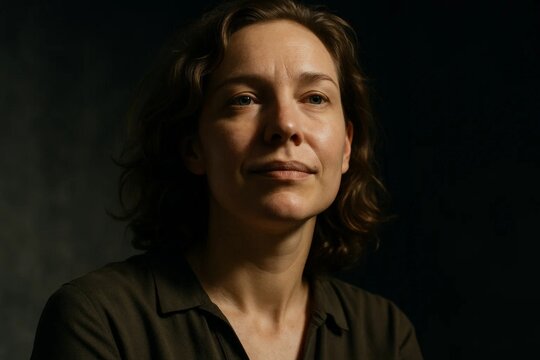 Low-key portrait of thoughtful woman in soft shadow, calm expression and introspective mood, studio cinematic lighting.