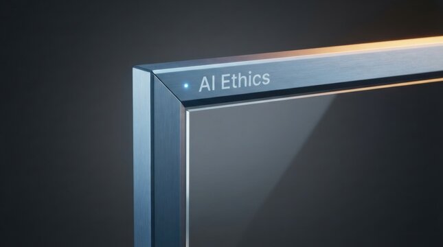 Close-Up Monitor Bezel With AI Ethics Label on Dark Background