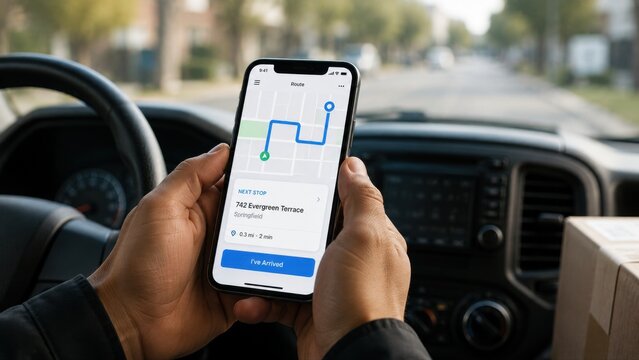 Delivery Driver Holding Phone With Route Optimisation Map in Vehicle