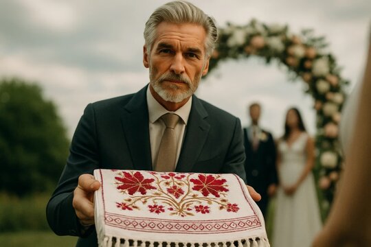 Elegant mature man presenting embroidered cloth at an outdoor wedding ceremony, traditional ritual moment with floral arch and couple blurred behind.