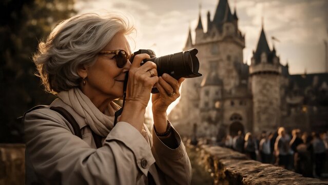 Tourist woman photographing historic castle with DSLR camera, sightseeing and travel photography concept.