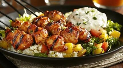 Fototapeta premium Grilled chicken skewers with vegetables and tzatziki on a black plate