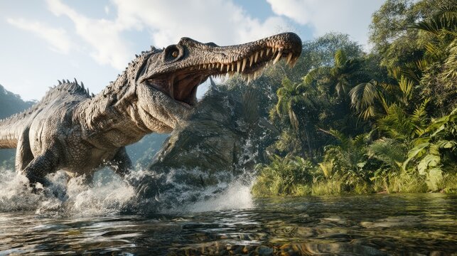 Spinosaurus hunting a giant prehistoric fish in a shallow tropical river scene for wildlife background and poster design