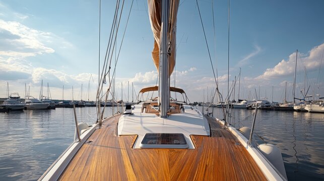 Forward view from a wooden sailboat deck at a calm marina with mast and rigging for travel background and banner design