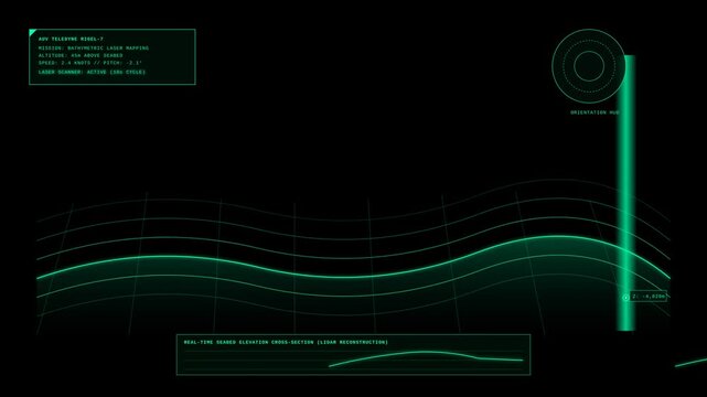 Futuristic Digital Interface Display Showing Bathymetric Laser Mapping and Seabed Elevation Data