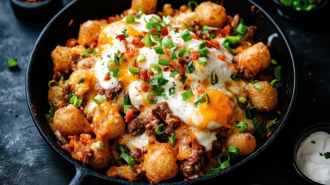 Cheesy tater tot casserole with ground beef, bacon, and green onions