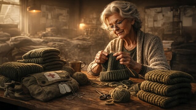 Elderly woman knitting warm hats for charity in a rustic workshop setting.