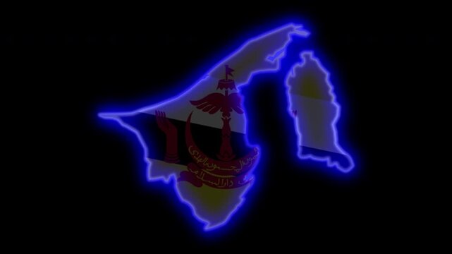 Brunei Darussalam map outline neon glow with national flag, alpha channel transparent background