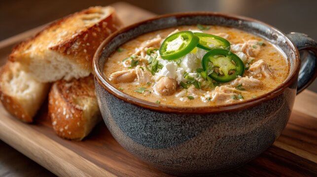 Creamy chicken chili soup with jalapenos and rustic bread on wooden board
