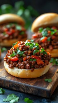 Delicious homemade sloppy joes with fresh cilantro garnish on wooden board