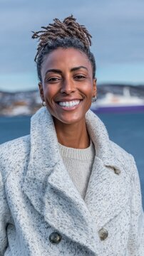 Smiling african female in winter coat by ocean with ship in background