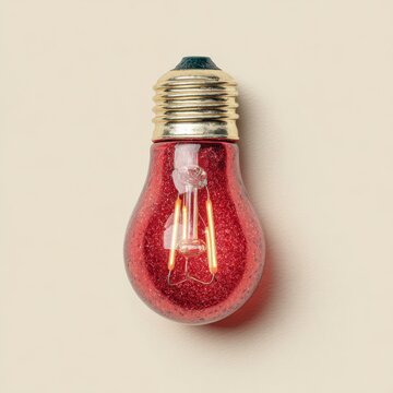 Red glitter light bulb with gold cap on beige background