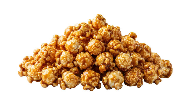 A generous heap of glossy caramel-coated popcorn with a rich golden-brown hue, showcasing a mix of irregularly shaped, sticky clusters and individual pieces featuring caramel popcorn and snack food