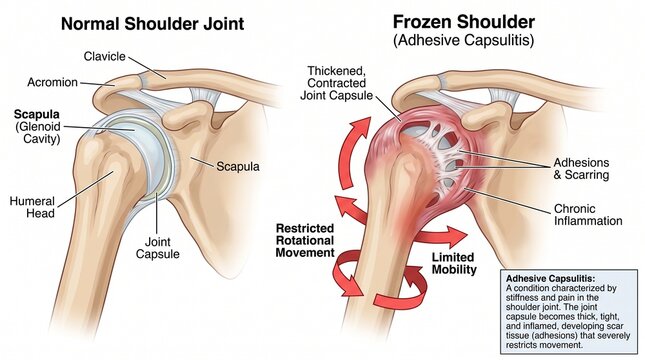 Normal shoulder joint versus frozen shoulder medical diagram