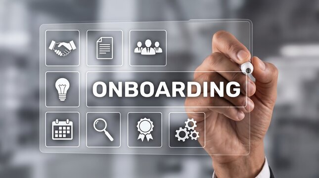 Hand pointing at virtual onboarding screen with business icons