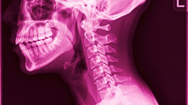 Pink lateral X-ray scan of human skull and cervical vertebrae