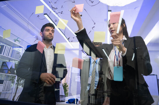 Business team developing ideas and discussing strategy around a glass board with notes
