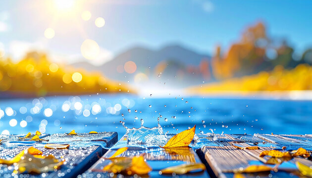 秋の湖畔に落ちる落ち葉と水しぶきの風景　木製の桟橋と鮮やかな紅葉が広がる自然の情景　広告バナーやポスター作成に適したコピースペースのある癒やしの背景素材