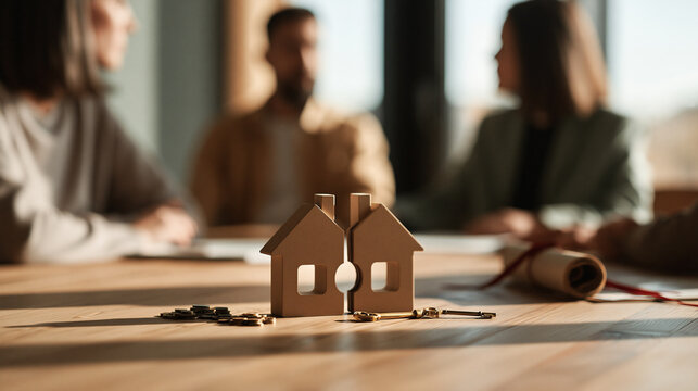 Miniatur-Holzhaus mit M&uuml;nzen auf Tisch, im Hintergrund Paar im Anwaltsgespr&auml;ch, Symbolbild f&uuml;r Immobilienstreit bei Scheidung