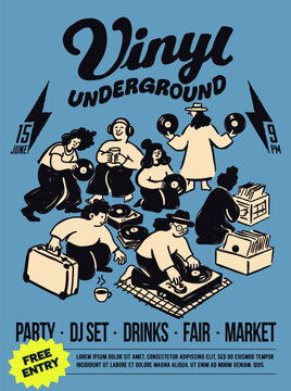 Vinyl underground music party poster template with record market layout. Hand drawn vector illustration of people choosing vinyl records, DJ set, and editable text space
