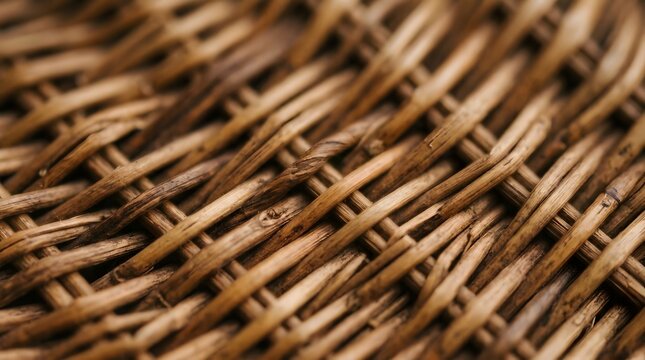 Macro close up view of a woven brown wicker basket texture showing natural wooden material patterns