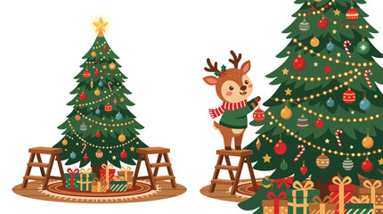 Naklejka premium Cute cartoon reindeer decorating a Christmas tree with ornaments and gifts below, festive holiday illustration