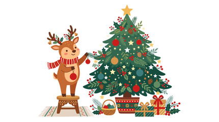 Fototapeta premium Cute cartoon reindeer decorating a festive Christmas tree with ornaments and presents below