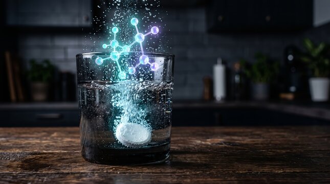 An effervescent tablet dissolves in a glass of water beneath a glowing molecular hologram. Concept supplements, hydration, pharmaceutical science and wellness advertising. Generative AI.