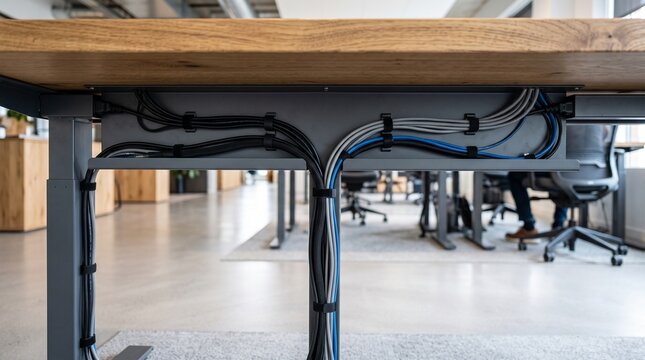 Organized cables hanging underneath office desk with cable ties