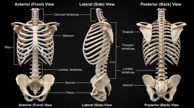 Human torso skeleton anatomy front side and back views
