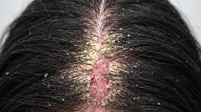 Severe dandruff and seborrheic dermatitis on human scalp