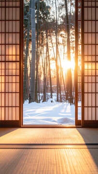 雪の積もる庭を望む障子と畳の和室　冬の朝の静寂を感じる美しい光景　広告やWebサイトの背景画像として活用できる風情ある日本家屋のインテリアと自然の風景写真