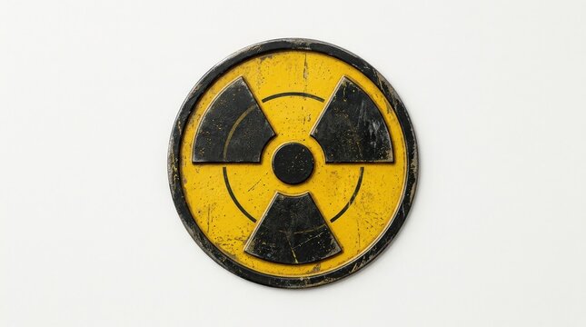 Weathered yellow and black radiation hazard warning sign on a white background