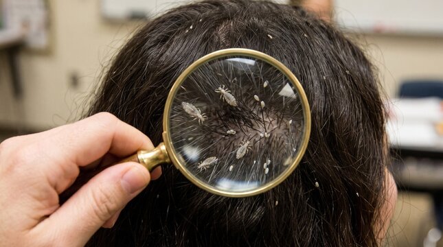 Magnifying glass showing head lice and nits in dark hair