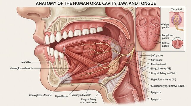 Medical Illustration of Human Oral Cavity Jaw and Tongue Anatomy