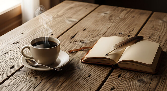 Steaming Coffee Cup and Open Journal with Quill Pen on Rustic Wooden Table