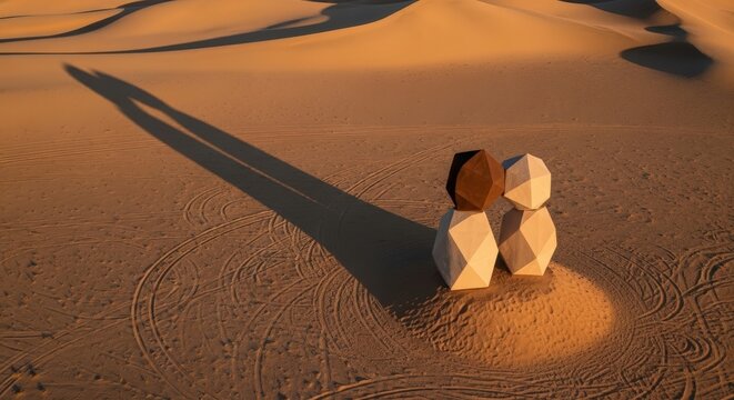 Two abstract geometric sculptures resembling a couple sit together on a vast sand dune, casting a long shadow at sunset.