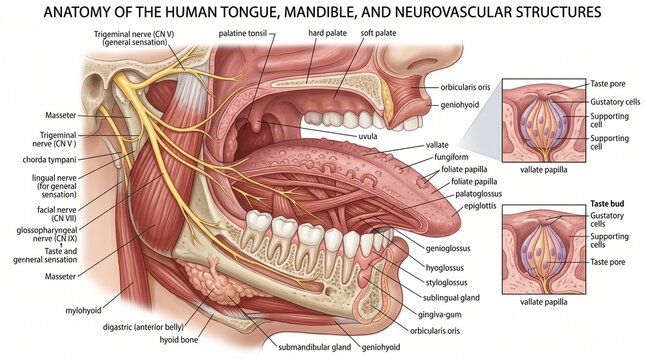 Anatomy of human tongue mandible and neurovascular structures diagram