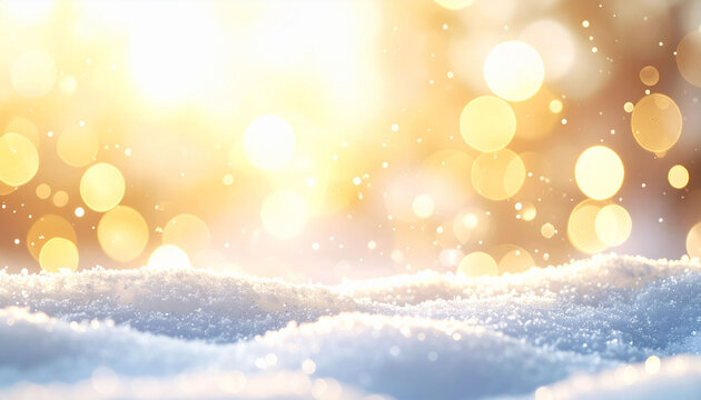 雪原と輝く黄金色の光のボケ背景　冬の季節感あふれるクリスマスや新年のメッセージカード用素材　チラシやWebバナーに活用できる文字入れスペース付きのキラキラした雪の積もった幻想的な風景写真