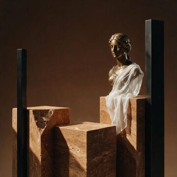 Luxurious square marble podium with a brass female goddess statue, designed for product display.