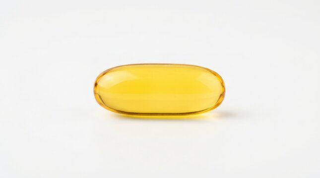 A single yellow translucent vitamin pill isolated on a white background